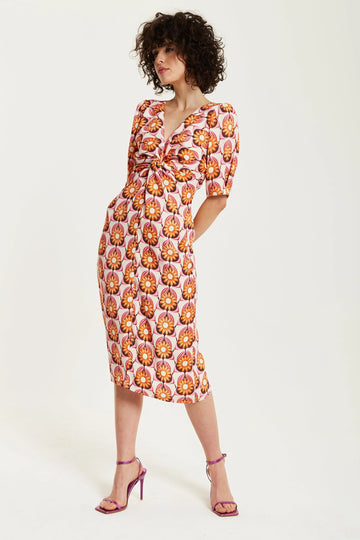 Orange Floral Knot Front Midi Dress Liquorish